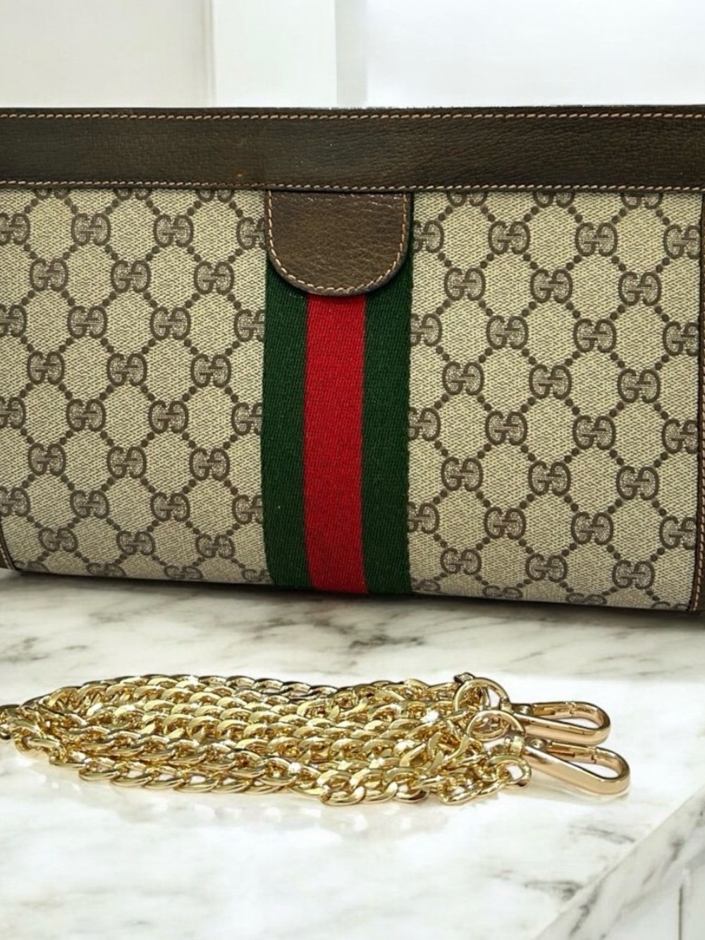 Gucci Beige GG Canvas Shoulder Bag with Green & Red Web and Brown Trim